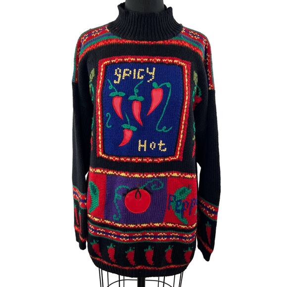 VINTAGE Karen Scott HandKnit SPICY HOT Black Long Sleeve Mock Pullover Sweater L - Picture 1 of 9